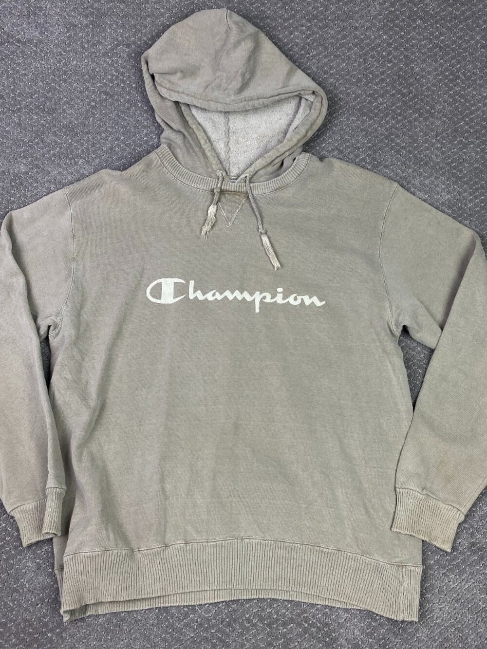 Vintage 90s Champion Hoodie Mens Large Taupe Gray Pullover Sweatshirt Made USA